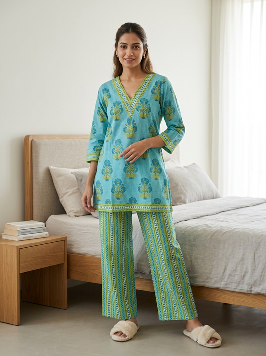 Blue & Green Printed Cotton Co-ord Set