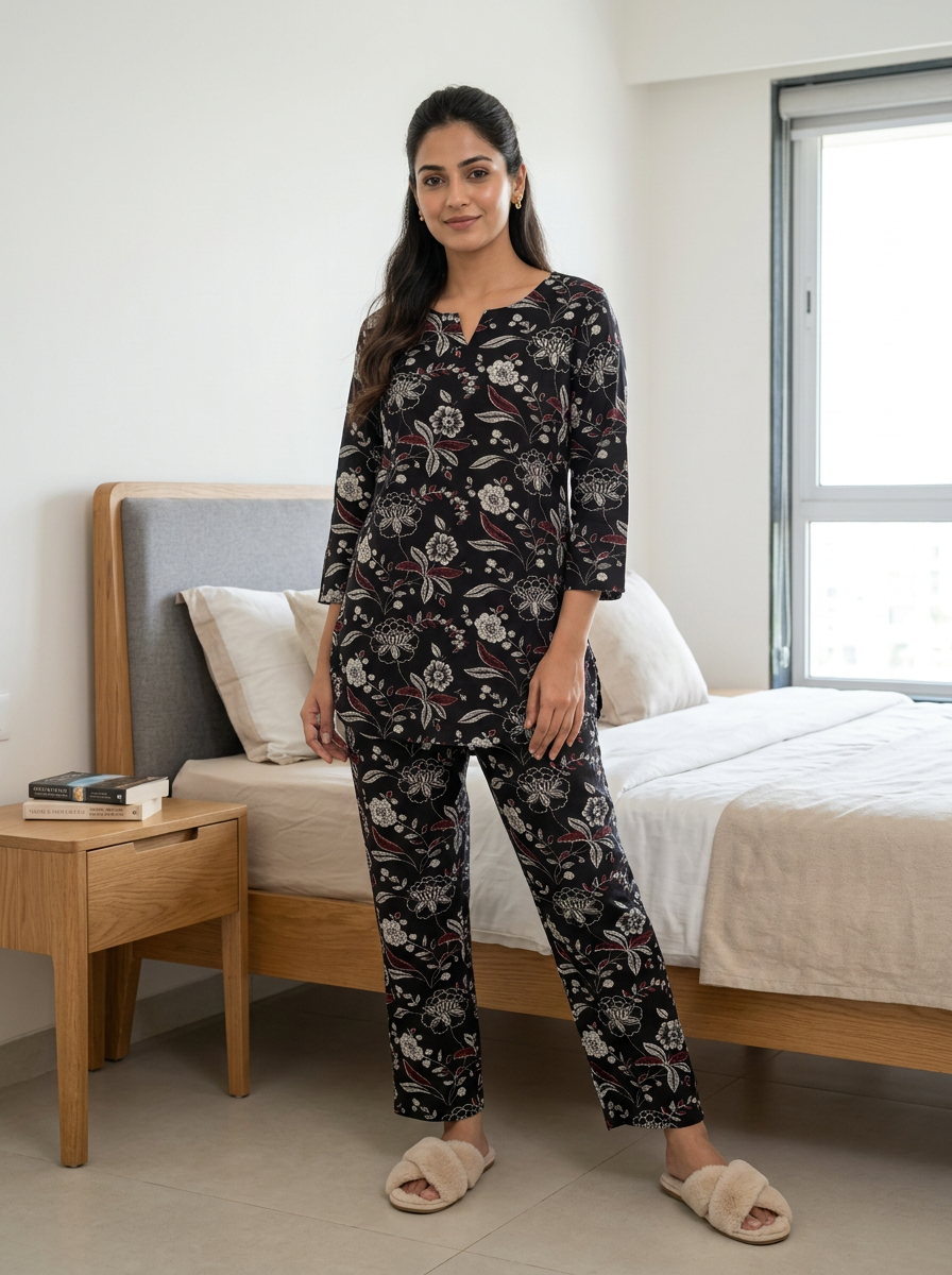 Black Floral Printed Cotton Co-ord Set