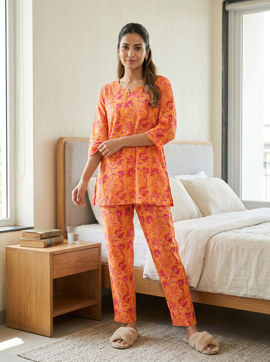 Orange Floral Printed Cotton Co-ord Set