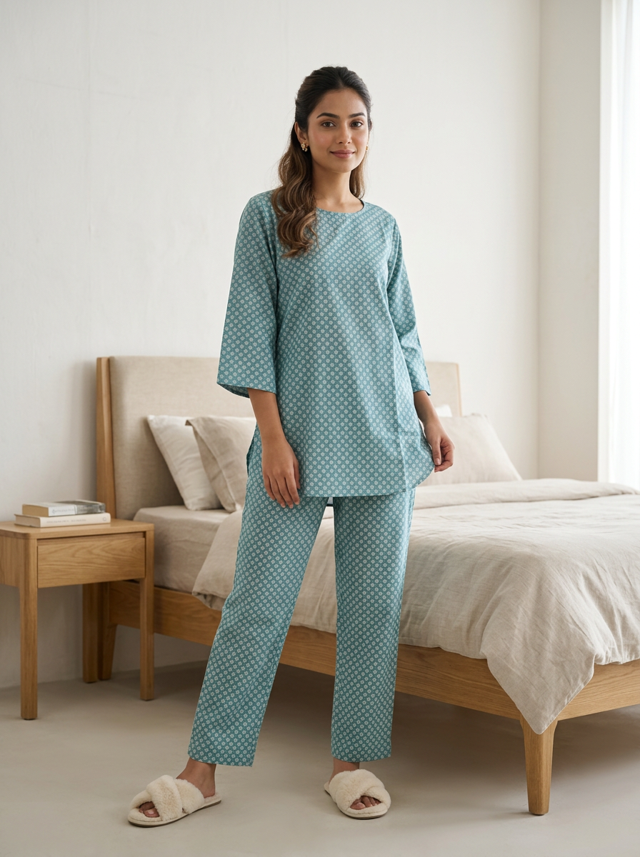 Pink/Teal blue Printed Cotton Co-ord Set/ Loungewear