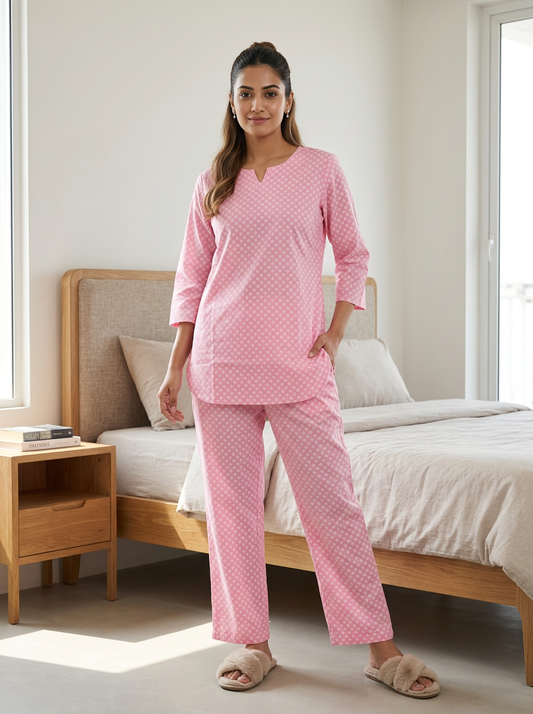 Pink/Teal blue Printed Cotton Co-ord Set/ Loungewear