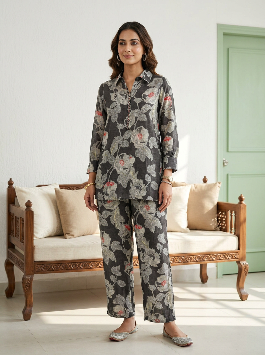 Charcoal Floral Printed Muslin Co-ord Set
