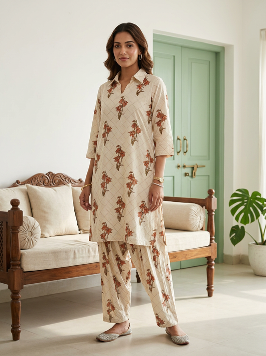 Beige Printed Muslin Co-ord Set