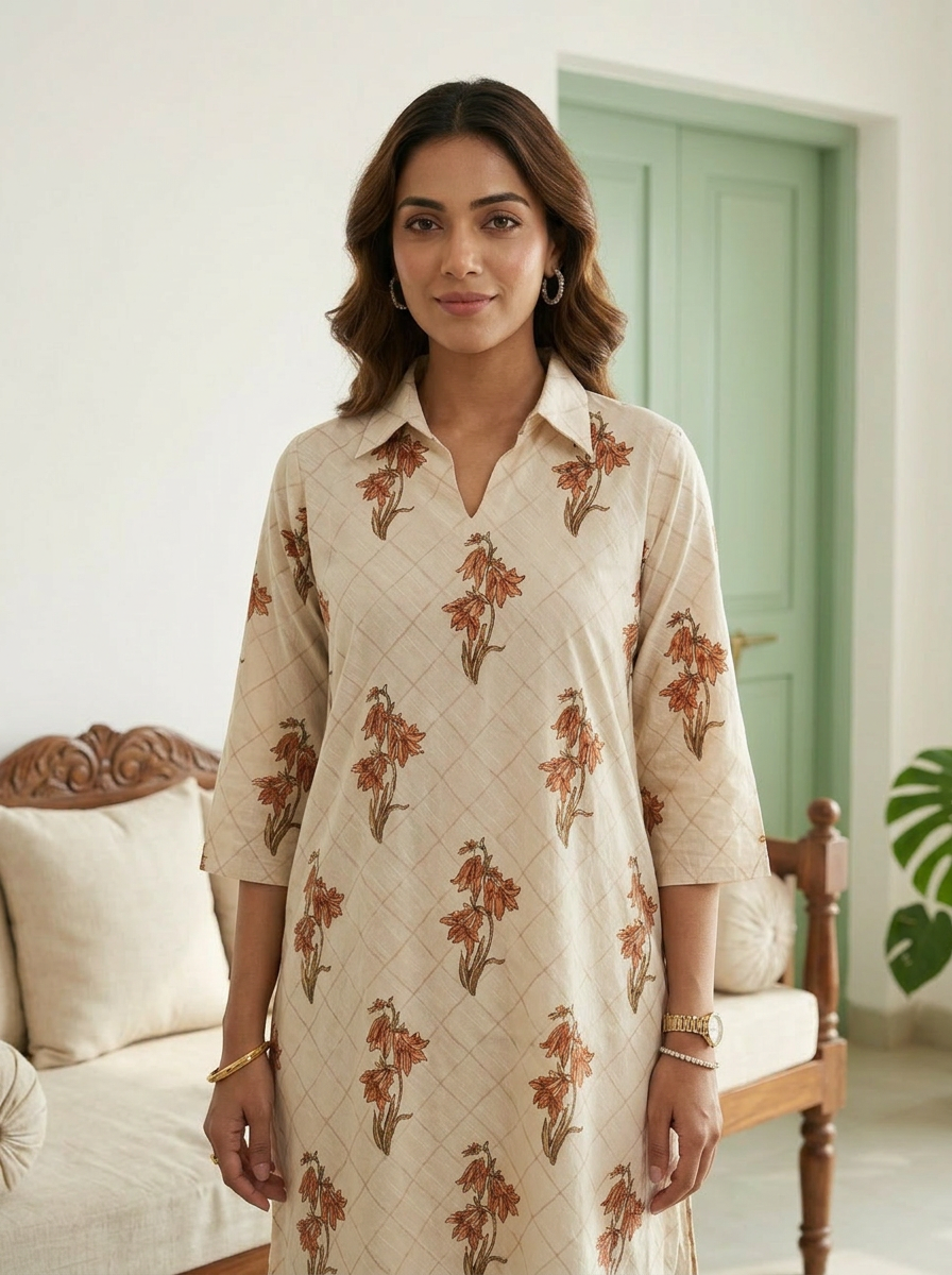 Beige Printed Muslin Co-ord Set