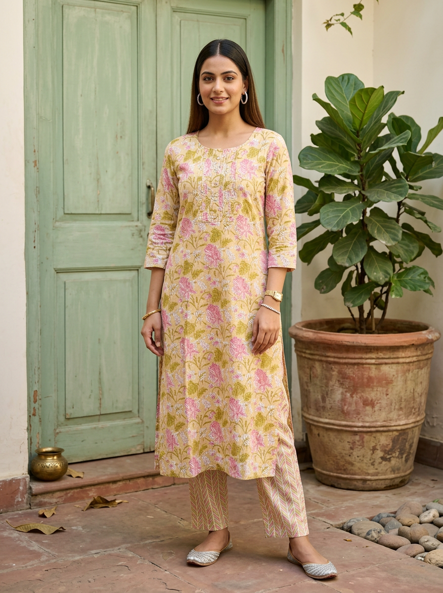 Yellow Floral Printed Cotton Kurta Set