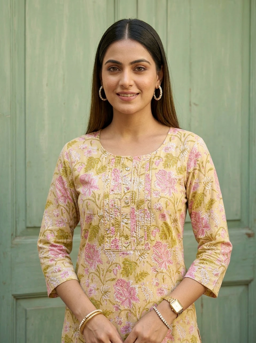 Yellow Floral Printed Cotton Kurta Set