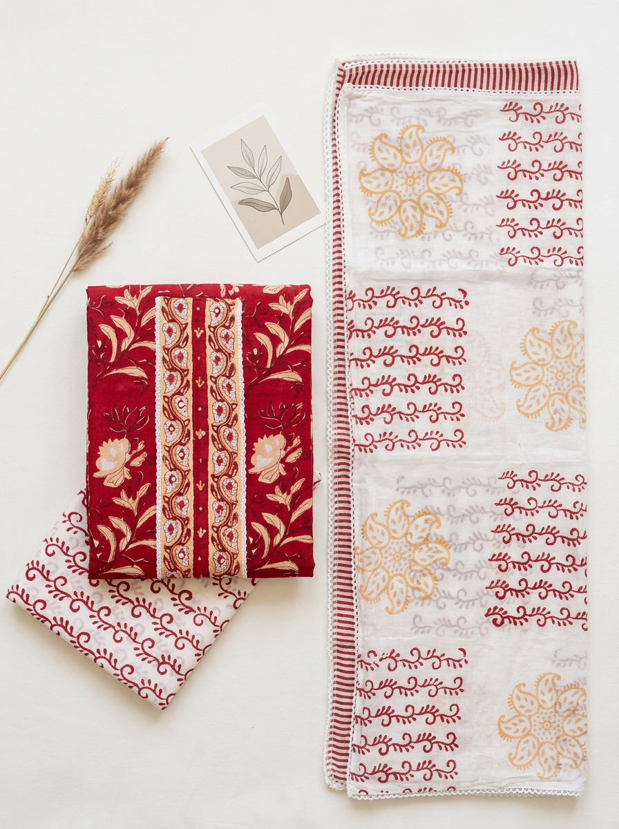 Embroidered Cotton Block Printed Unstitched Suit Set