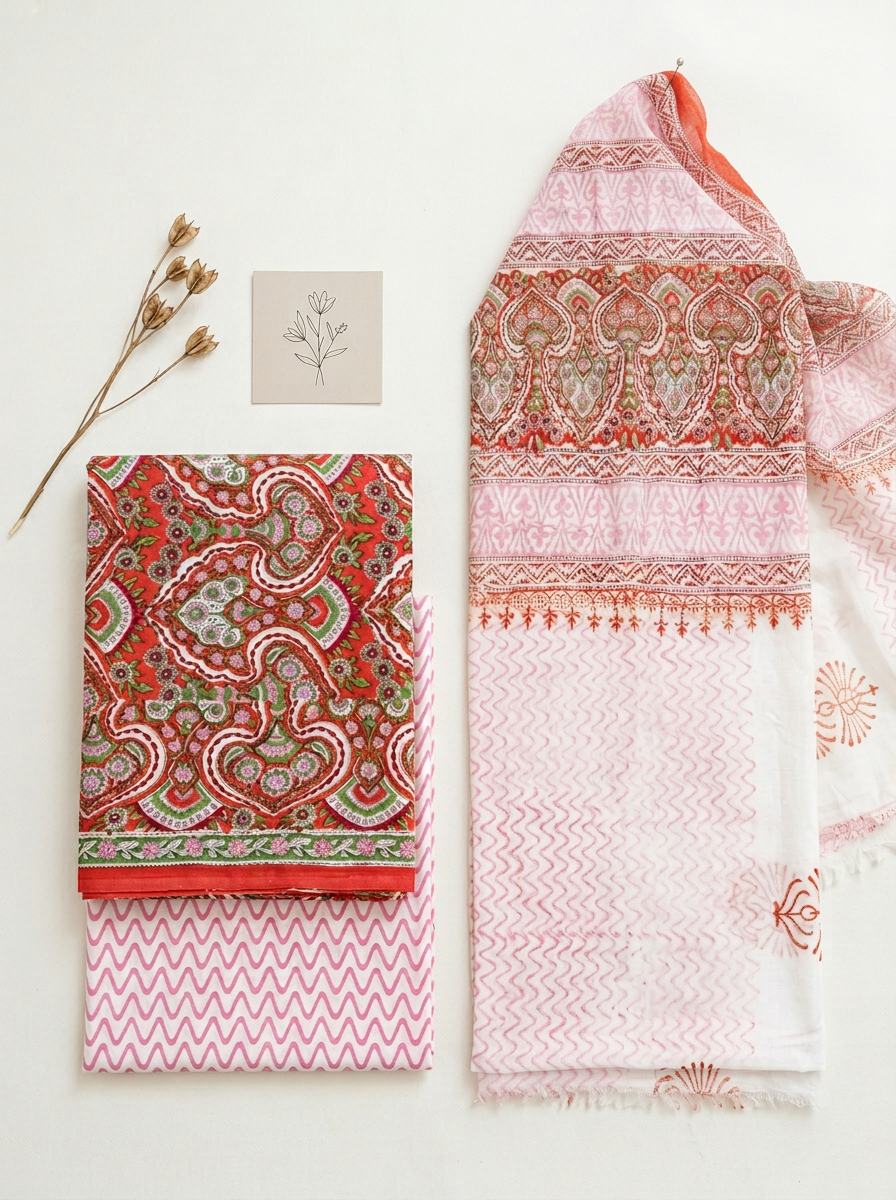 Cotton Block Printed Chiffon Dupatta Unstitched Suit Set