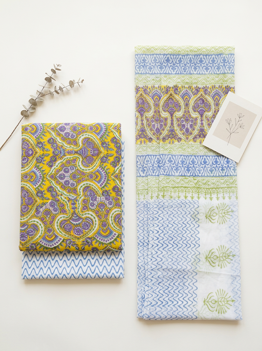 Cotton Block Printed Chiffon Dupatta Unstitched Suit Set