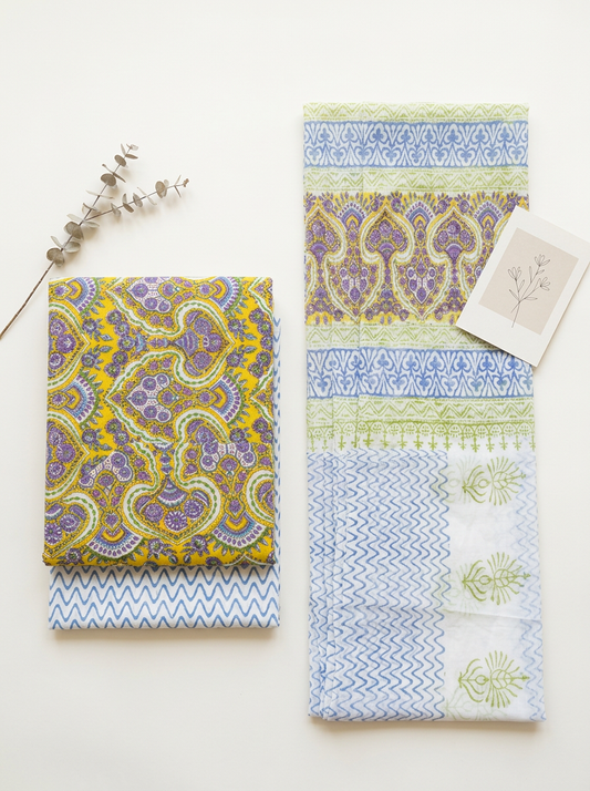 Cotton Block Printed Chiffon Dupatta Unstitched Suit Set