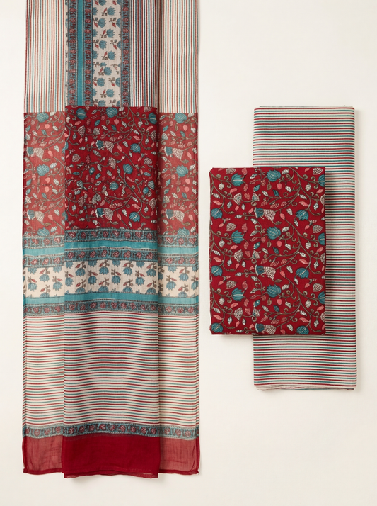 Cotton Block Printed Chiffon Dupatta Unstitched Suit Set