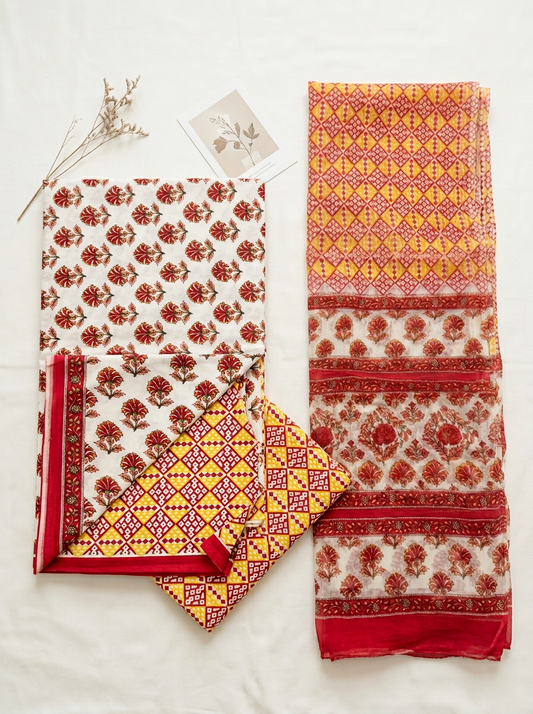 Cotton Block Printed Chiffon Dupatta Unstitched Suit Set
