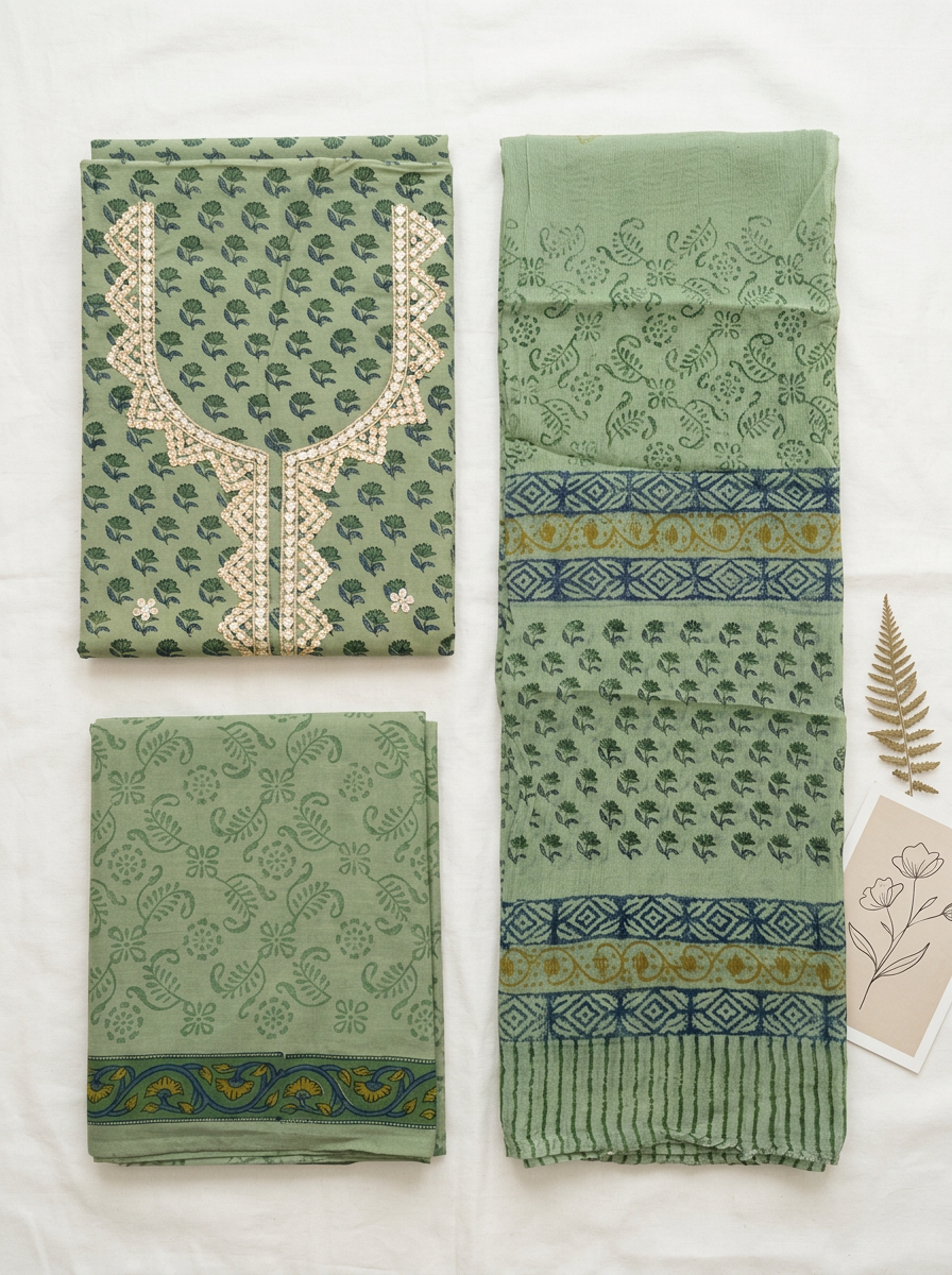 Gota Patti Cotton Block Printed Unstitched Suit Set