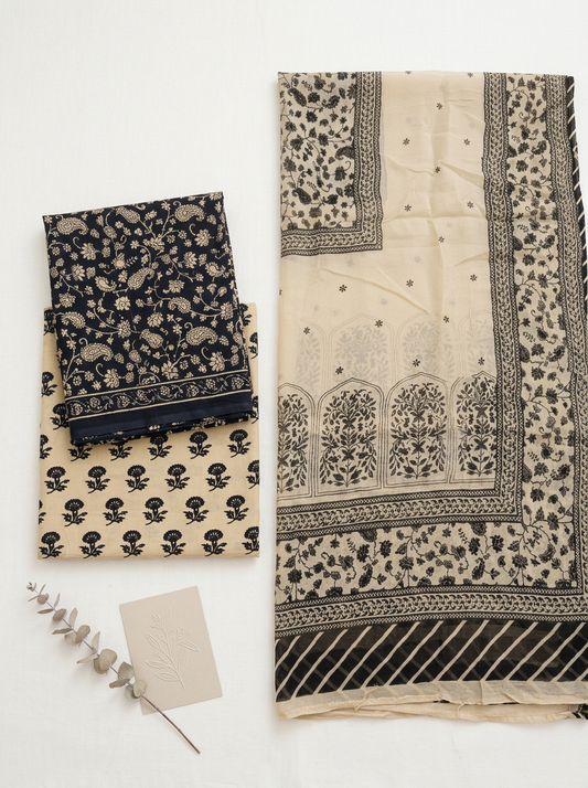 Cotton Block Printed Chiffon Dupatta Unstitched Suit Set