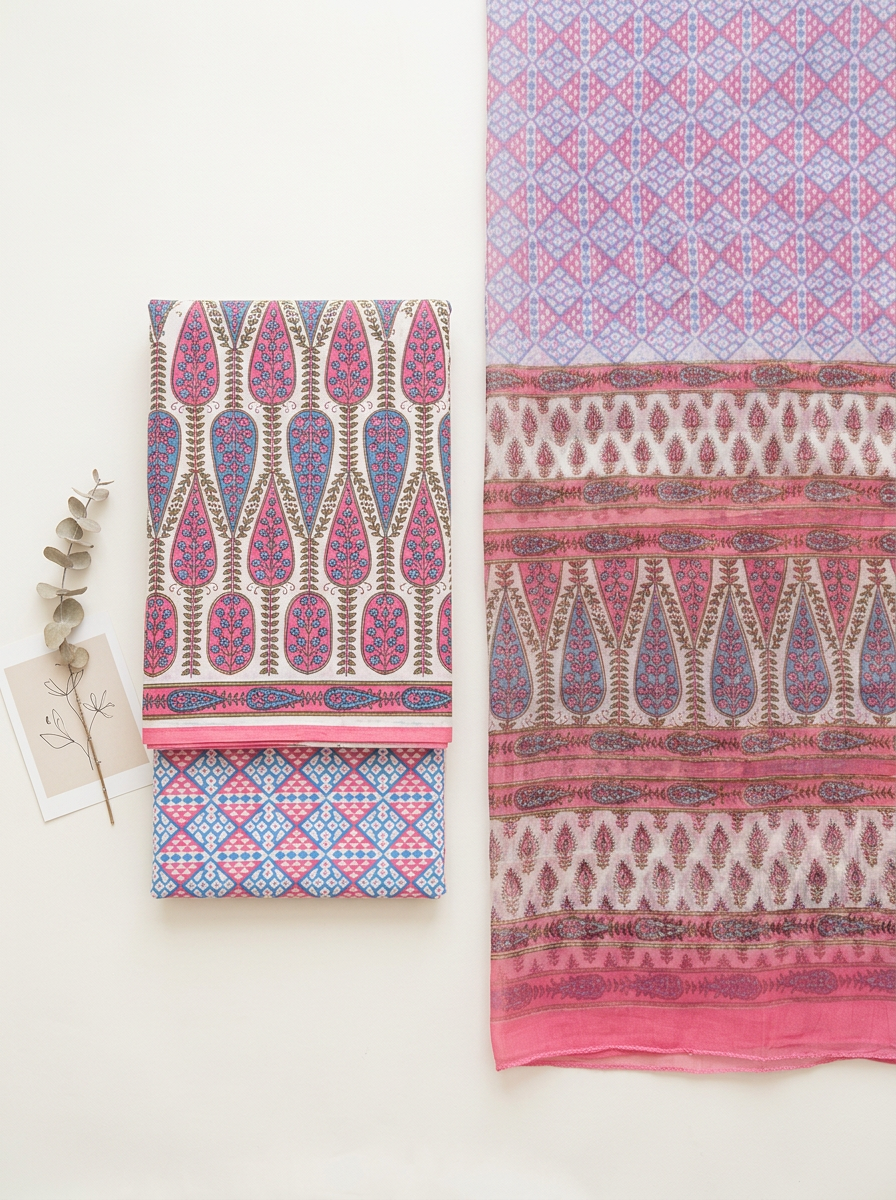 Cotton Block Printed Chiffon Dupatta Unstitched Suit Set