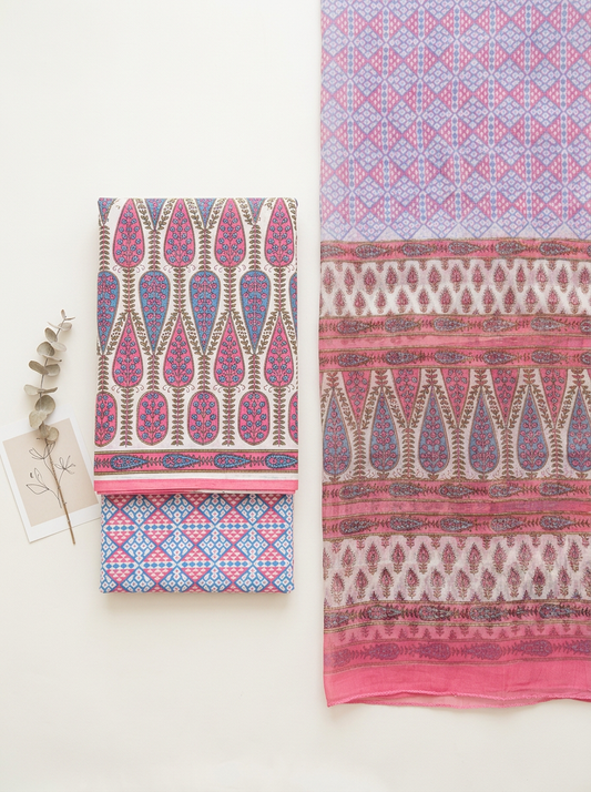 Cotton Block Printed Chiffon Dupatta Unstitched Suit Set