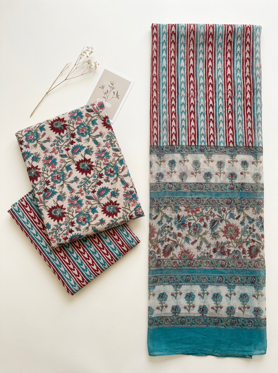 Cotton Block Printed Chiffon Dupatta Unstitched Suit Set