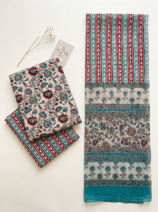 Cotton Block Printed Chiffon Dupatta Unstitched Suit Set