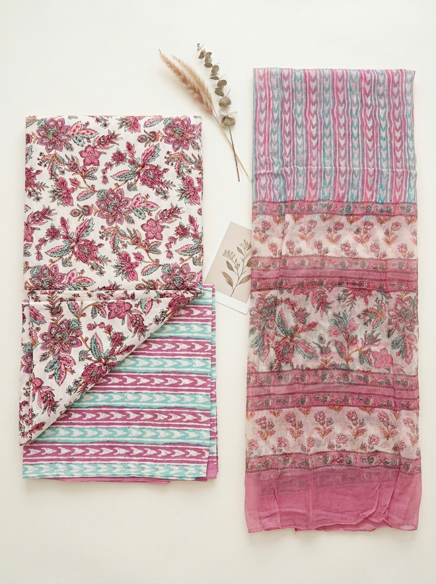 Cotton Block Printed Chiffon Dupatta Unstitched Suit Set
