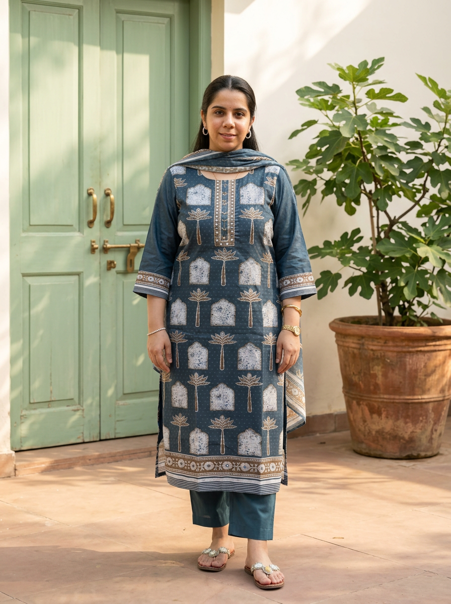 Cotton Linen Printed Kurta Set with Dupatta