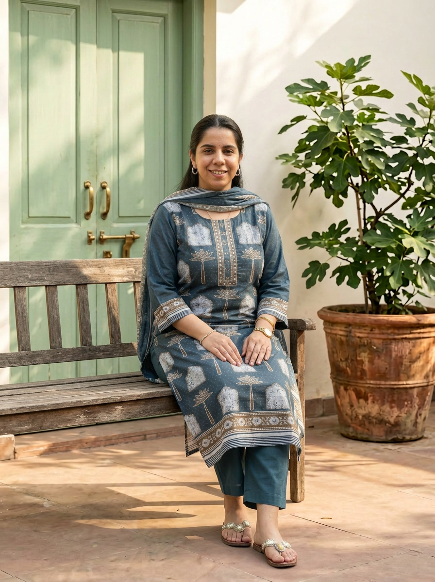 Cotton Linen Printed Kurta Set with Dupatta