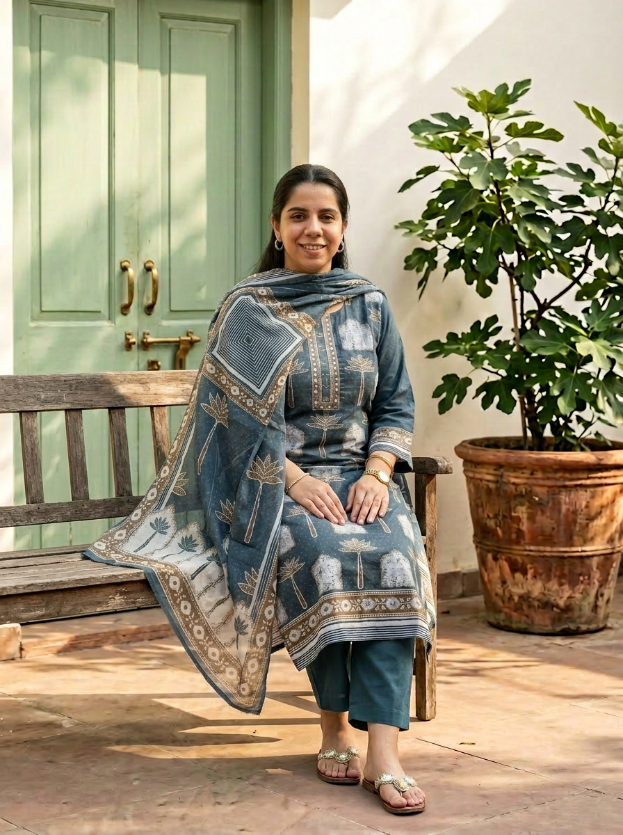 Cotton Linen Printed Kurta Set with Dupatta