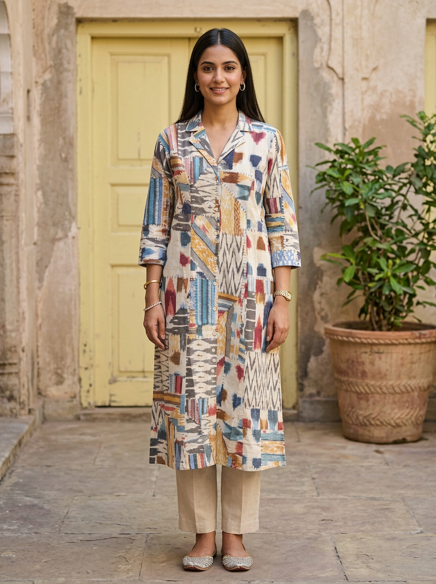 Multi Abstract Print Cotton Aline Kurta