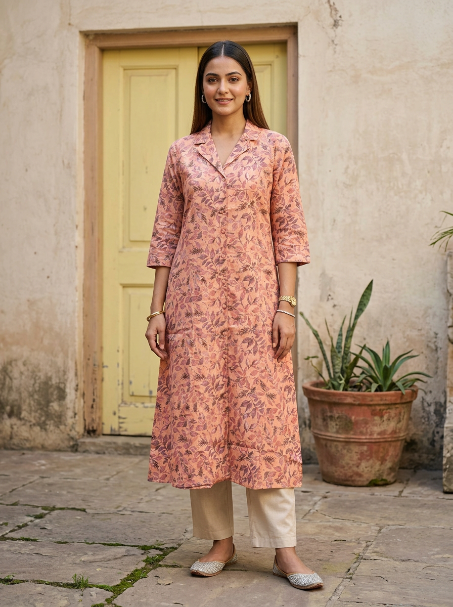 Peach Cotton Flax Aline Kurta
