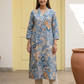 Blue V-neck Floral Printed Muslin Straight Kurta