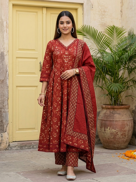 Cotton Anarkali with Handwork and Schiffly Dupatta.