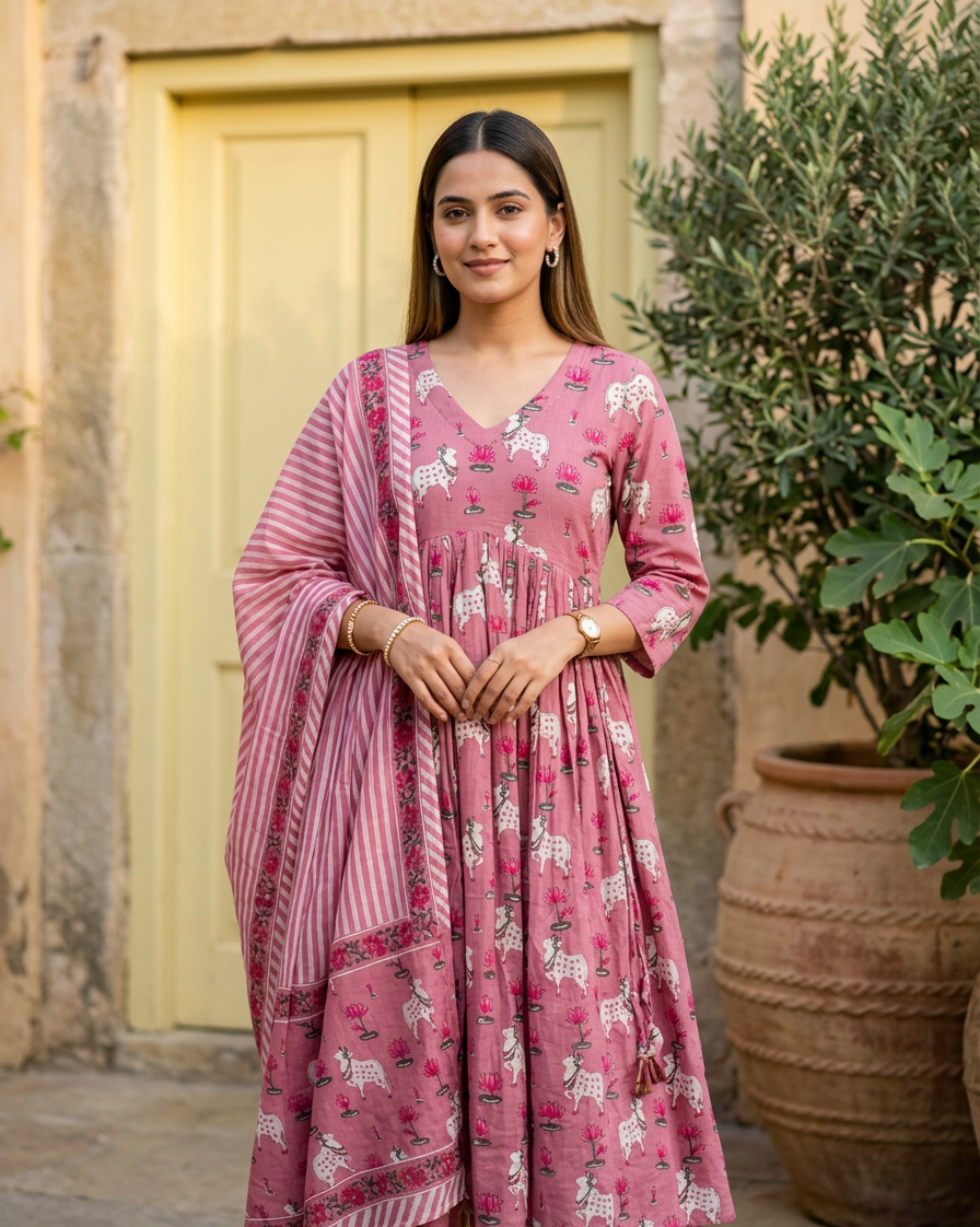 Cotton Pichwai Block Printed Anarkali Kurta with Cotton Dupatta.