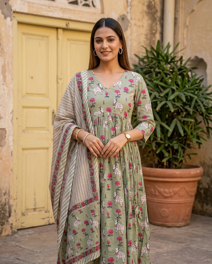 Cotton Pichwai Block Printed Anarkali Kurta with Cotton Dupatta.