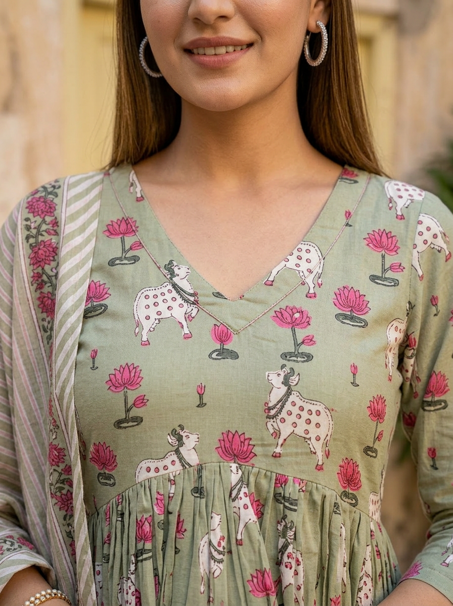 Cotton Pichwai Block Printed Anarkali Kurta with Cotton Dupatta.
