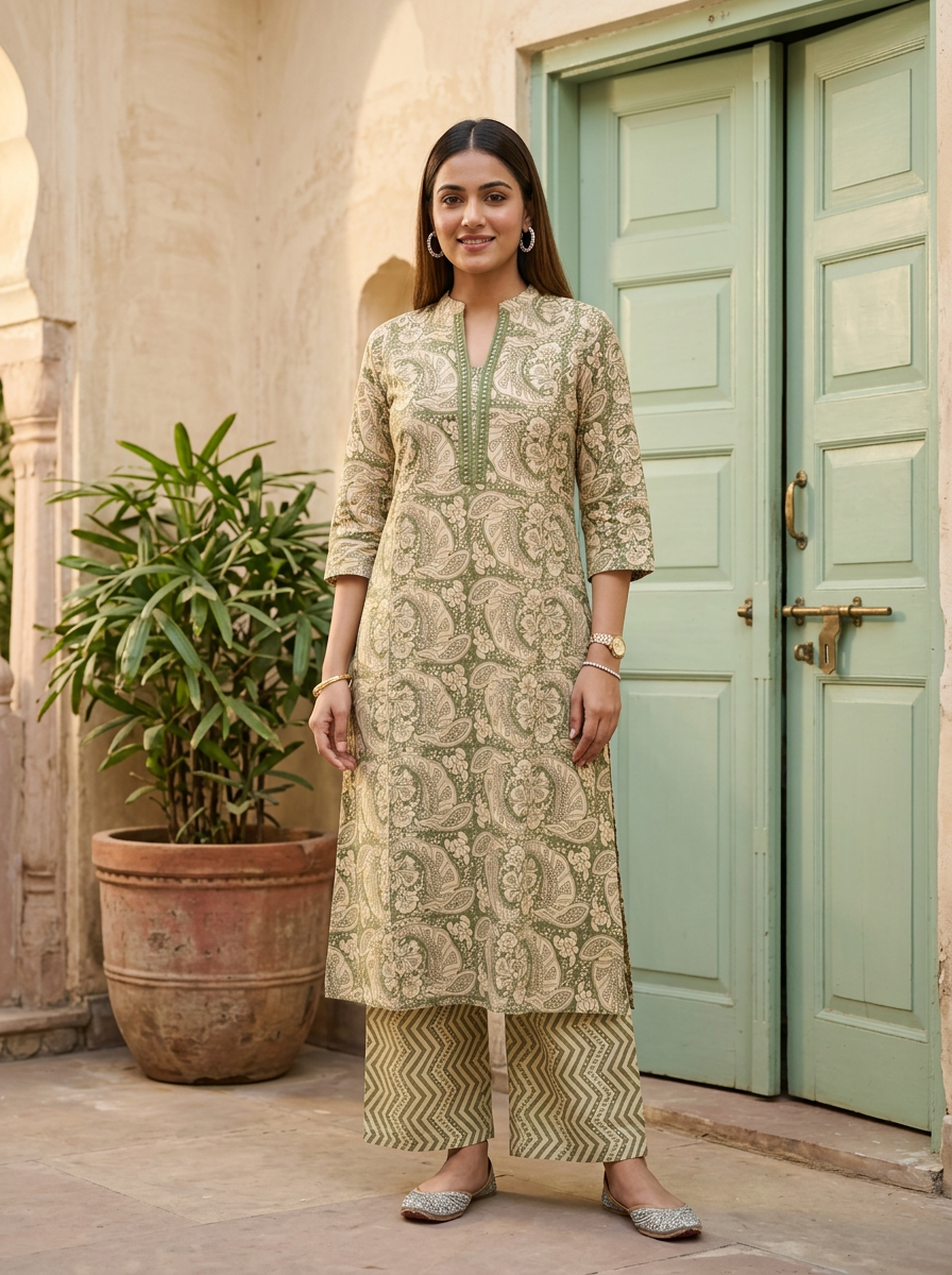 Green Printed Cotton Kurta Set