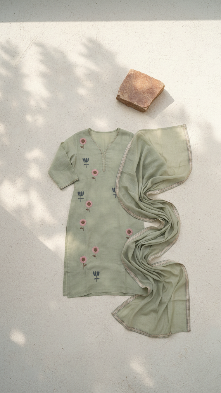 Mul Chanderi Floral Kurta Set with Delicate Embroidery (Mint Green)