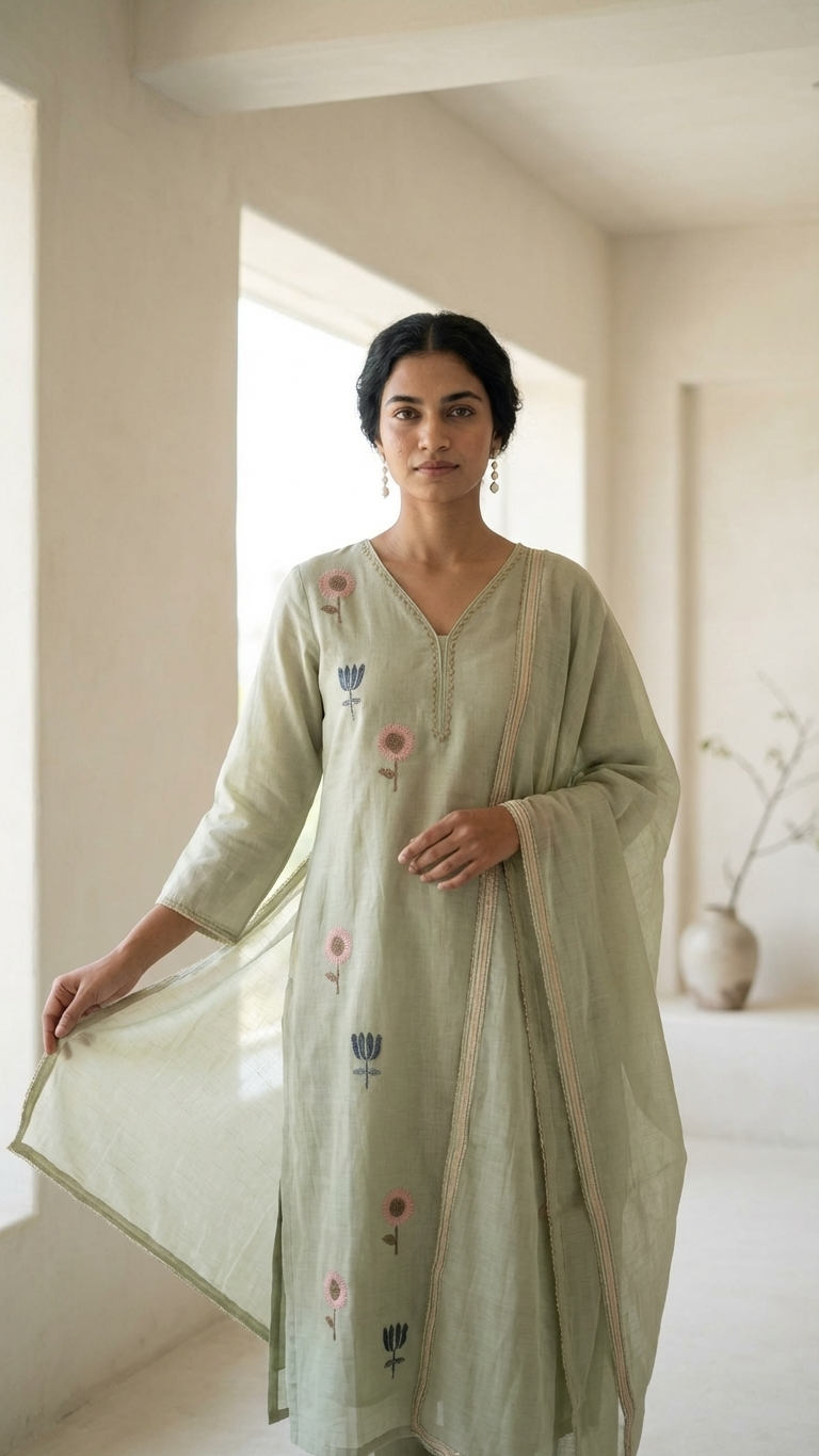 Mul Chanderi Floral Kurta Set with Delicate Embroidery (Mint Green)